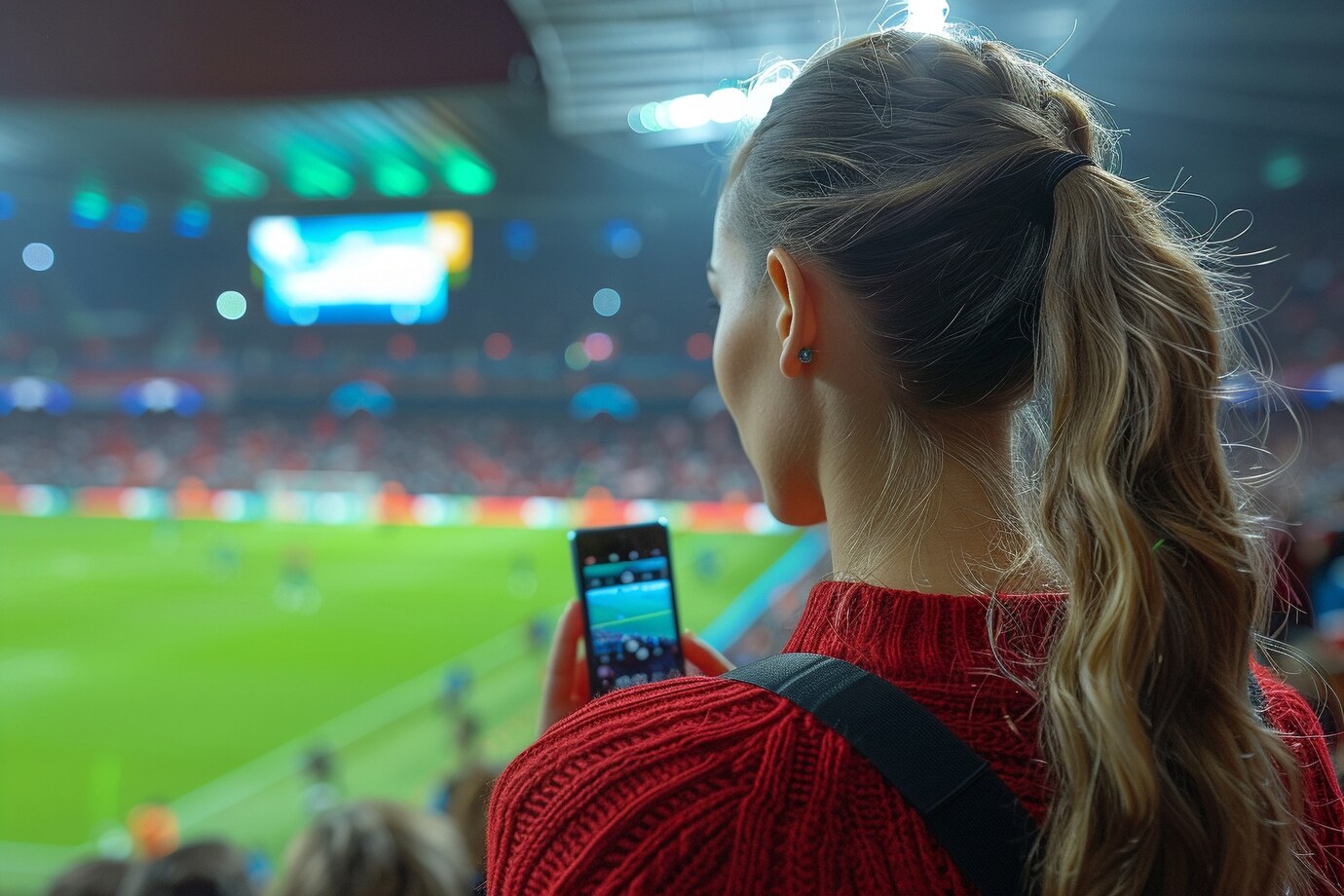 Mujer mirando un celular en un estadio en una aplicación de apuestas